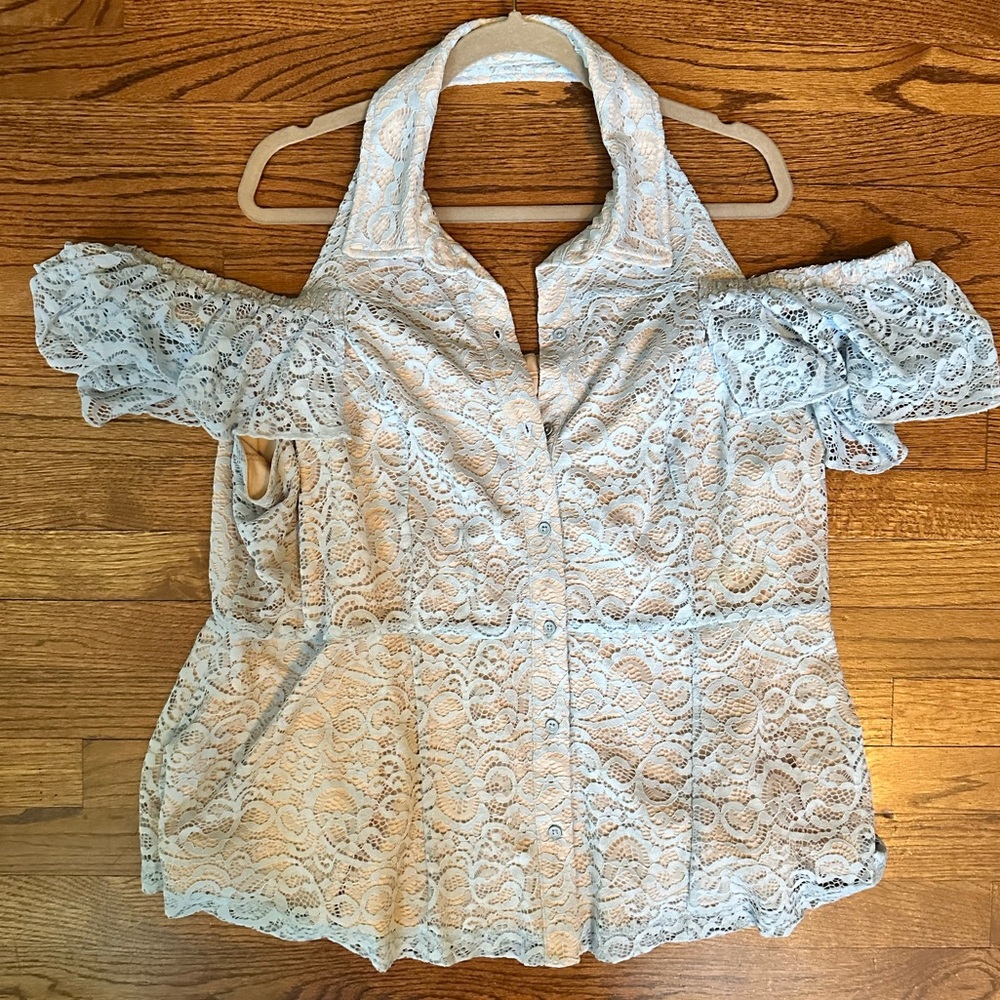 Romantic Baby powder blue lace ots peplum Lane Bryant top plus siz 22/24